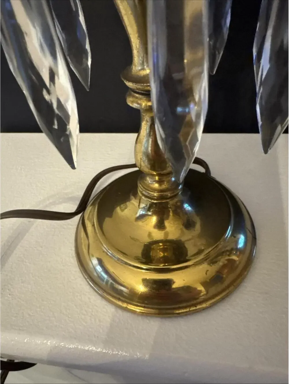 VTG MCM Pair of Electrified Boudoir Brass Hurricane Lamps With Hanging Crystals
